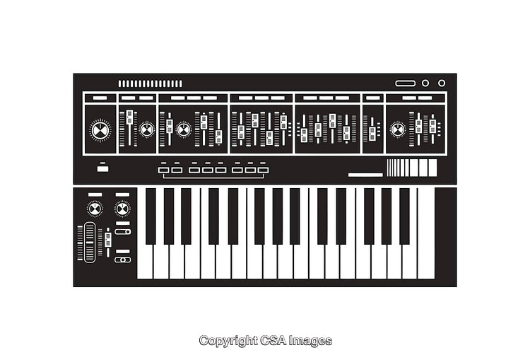 Stylized Black and White Illustration of a Synthesizer Keyboard