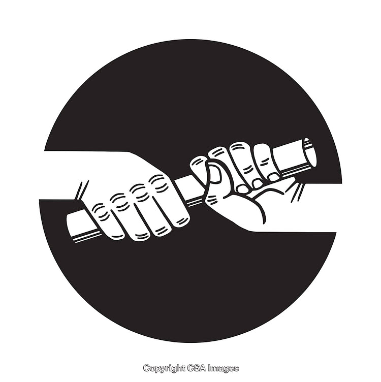 Black and White Line Art of Hands Passing a Baton in Circle Design