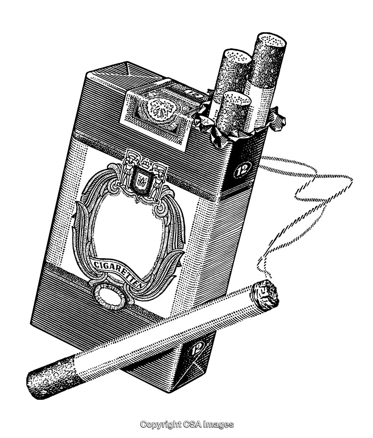 Detailed Black and White Engraving of a Cigarette Package and Smoking Cigarette