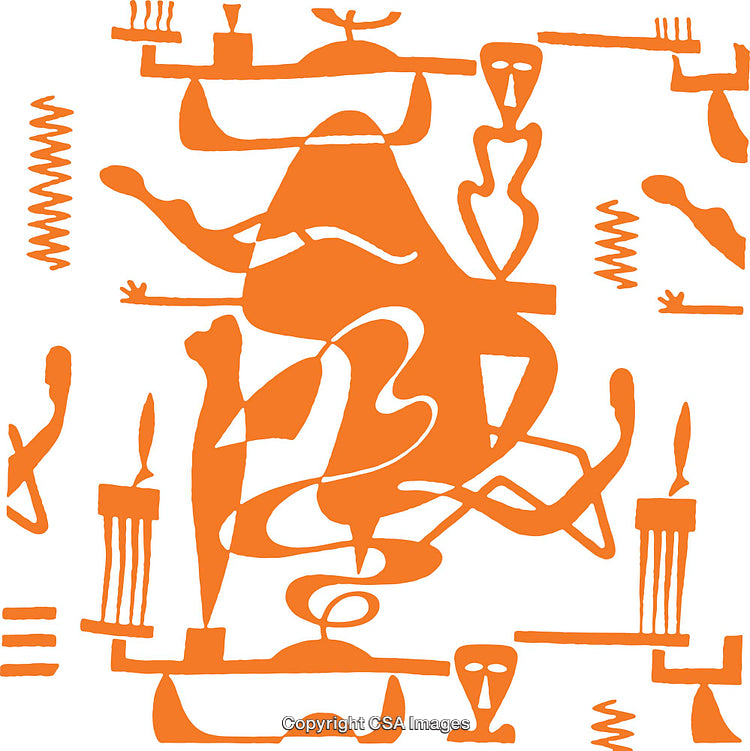 Abstract Orange Graphic Featuring Geometric Shapes and Artistic Human-Like Figures