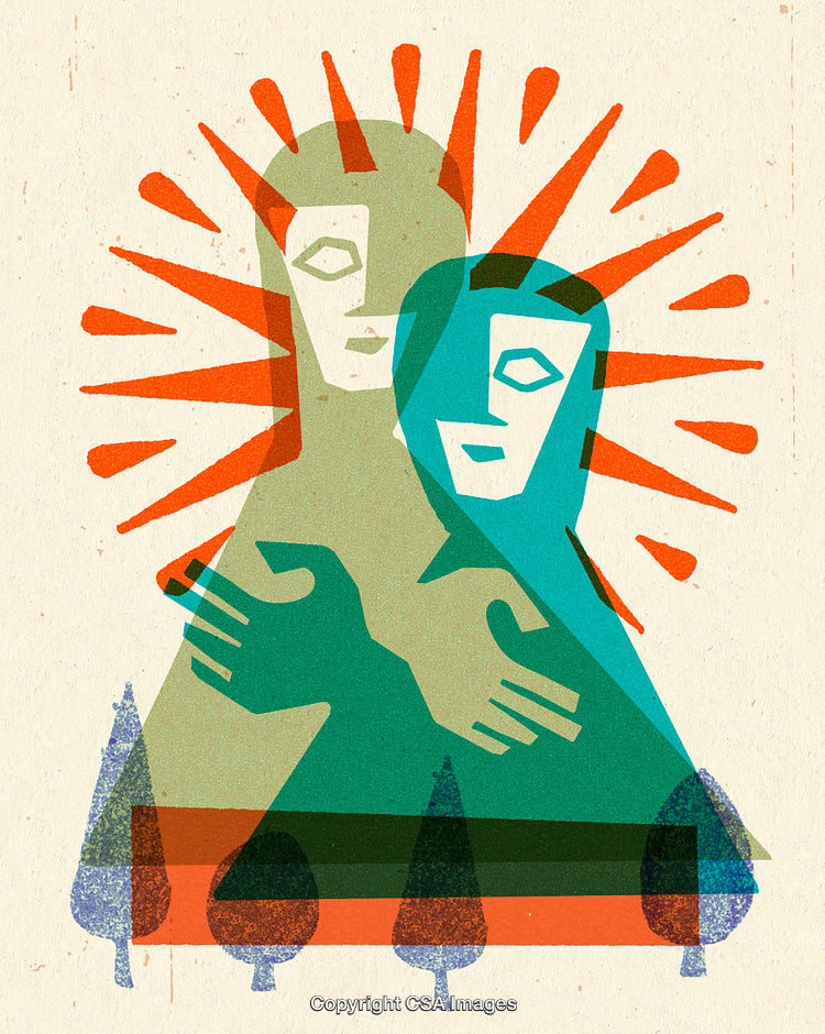 Abstract Illustration of Embracing Figures With Bright Radiating Patterns