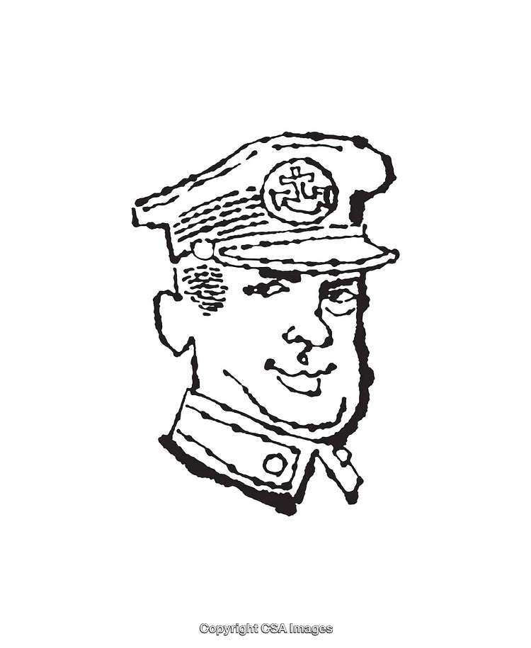 Vintage Black and White Line Art of a Smiling Naval Officer
