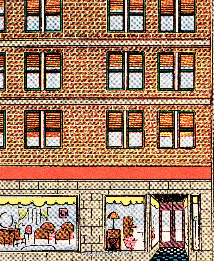 Vintage Brick Building With Storefront Featuring Retro-Furniture Display