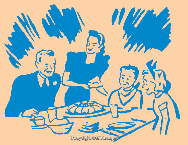 Vintage Style Illustration of a Family Gathering Around Dinner Table