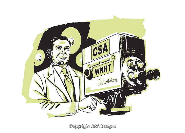Mid-Century Illustration of Television Cameraman with Vintage Equipment