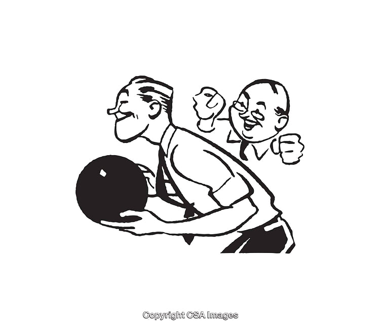 Retro Black and White Illustration of Men Enjoying Bowling Activity