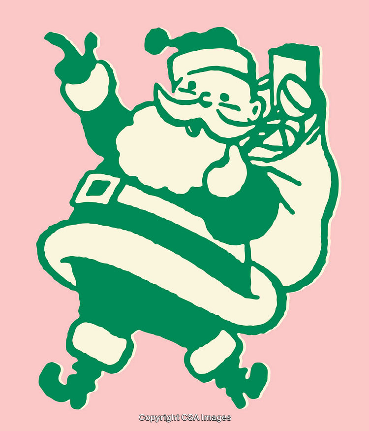 Colorful Line Art of Santa Claus Holding a Bag of Gifts in Pink