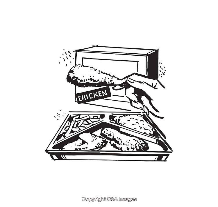 Hand Holding Fried Chicken Piece in Front of Food Tray Illustration