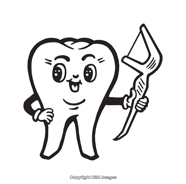 Happy Tooth Character Holding Dental Floss Cartoon Line Art Illustration