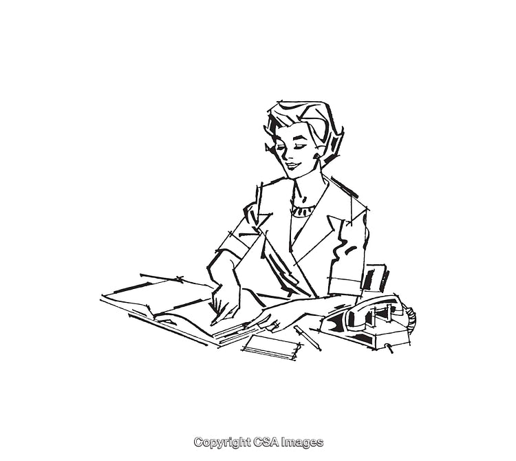 Illustration of a Businesswoman Working at Her Desk with Documents and Telephone