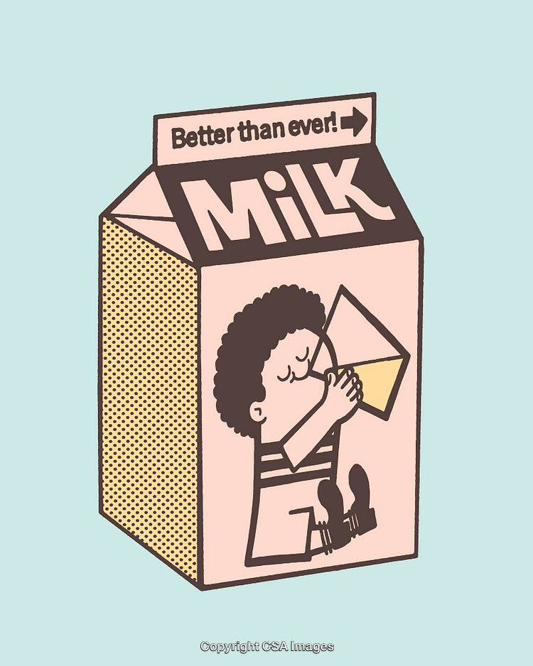 Stylized Milk Carton Illustration With Retro Design and Playful Cartoon Elements