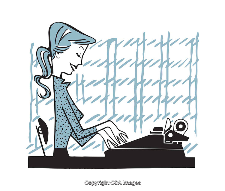 Illustration of Woman Typing on Typewriter with Artistic Background