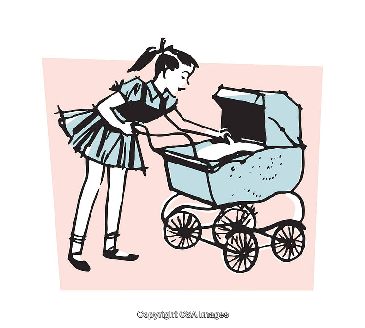 Illustration of Young Girl Playing With a Baby Carriage in Vintage Style