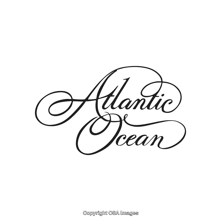 Elegant Black Calligraphy Text with Decorative Swirls Reading 'Atlantic Ocean'