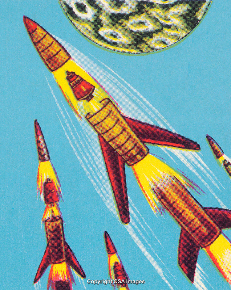 Retro Illustration of Rockets Launching Towards Space With Moon in Background