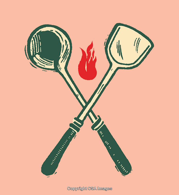 Retro Style Utensils with Fire Icon in Artistic Line Art