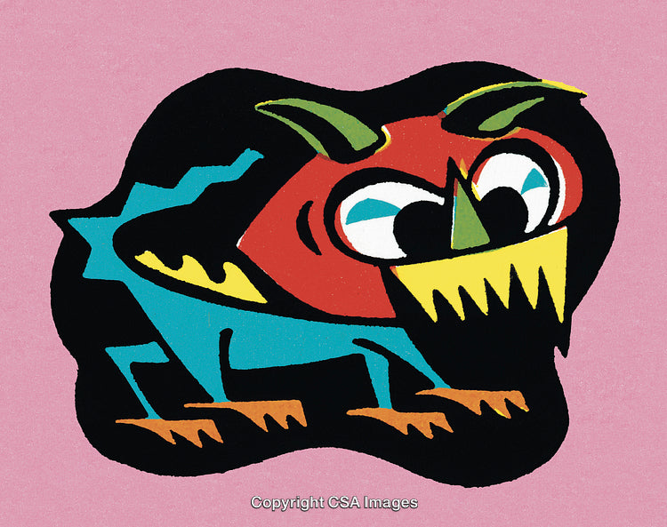 Colorful Abstract Cartoon Monster Artwork with Playful Design on Pink Background