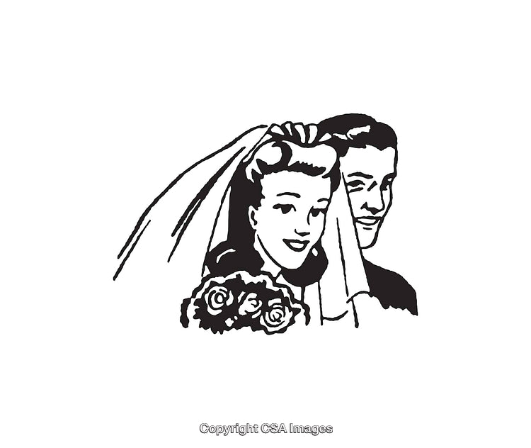 Vintage Black and White Wedding Illustration of a Happy Couple