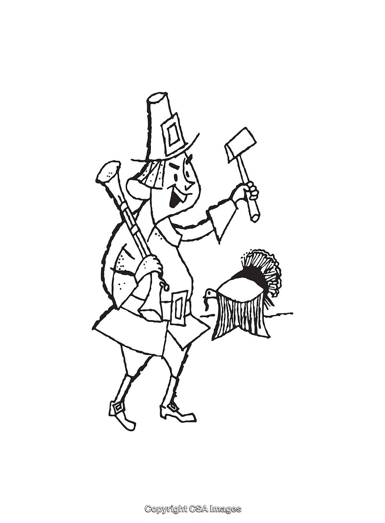Black And White Line Art of a Pilgrim Preparing to Harvest a Turkey