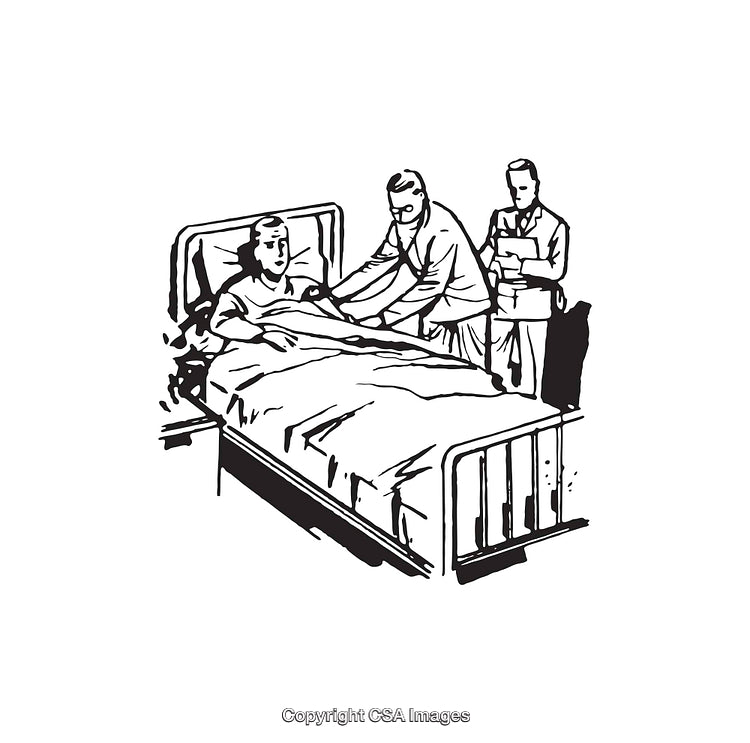 Black and White Illustration of Doctors Tending to a Patient in Hospital