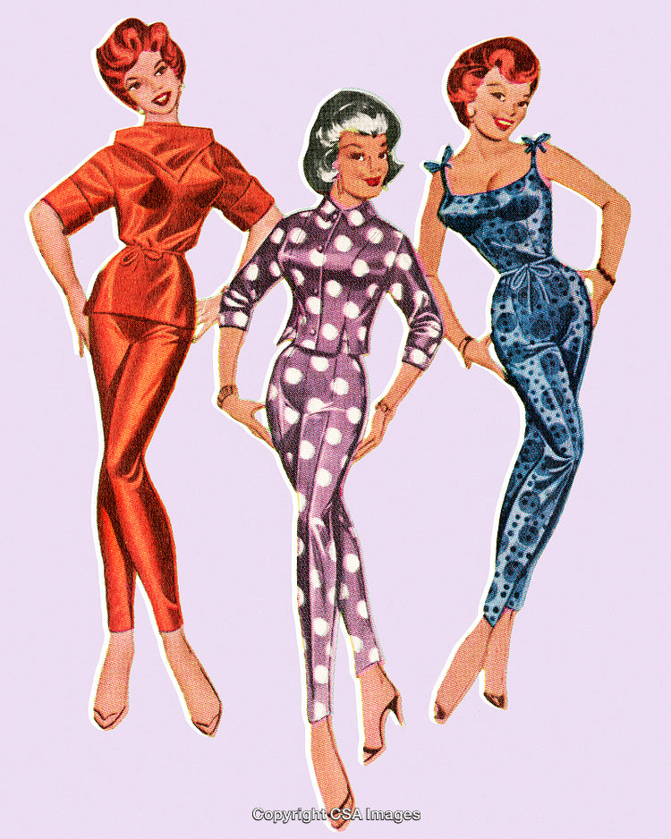 Retro Styled Women Illustrating Vintage 1950s Fashion in Diverse Bright Outfits