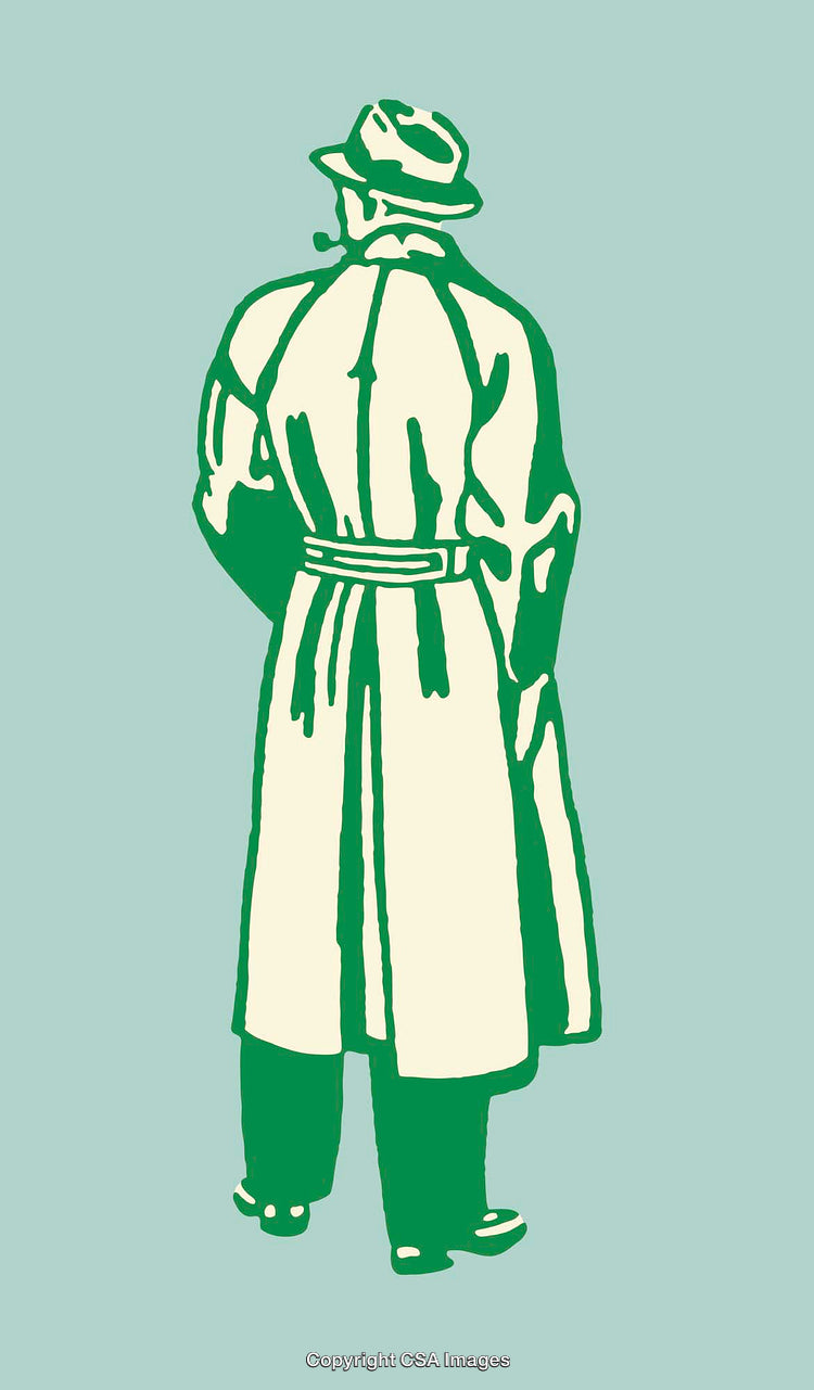 Vintage Illustration of a Man in a Trench Coat and Fedora Hat