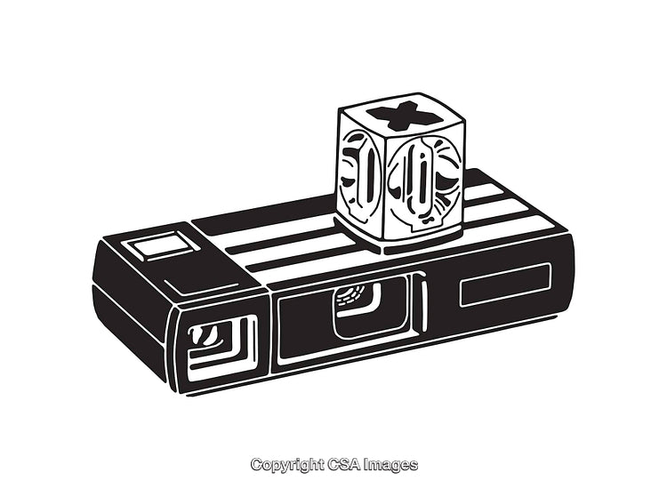 Black And White Illustration of a Retro Camera and Block