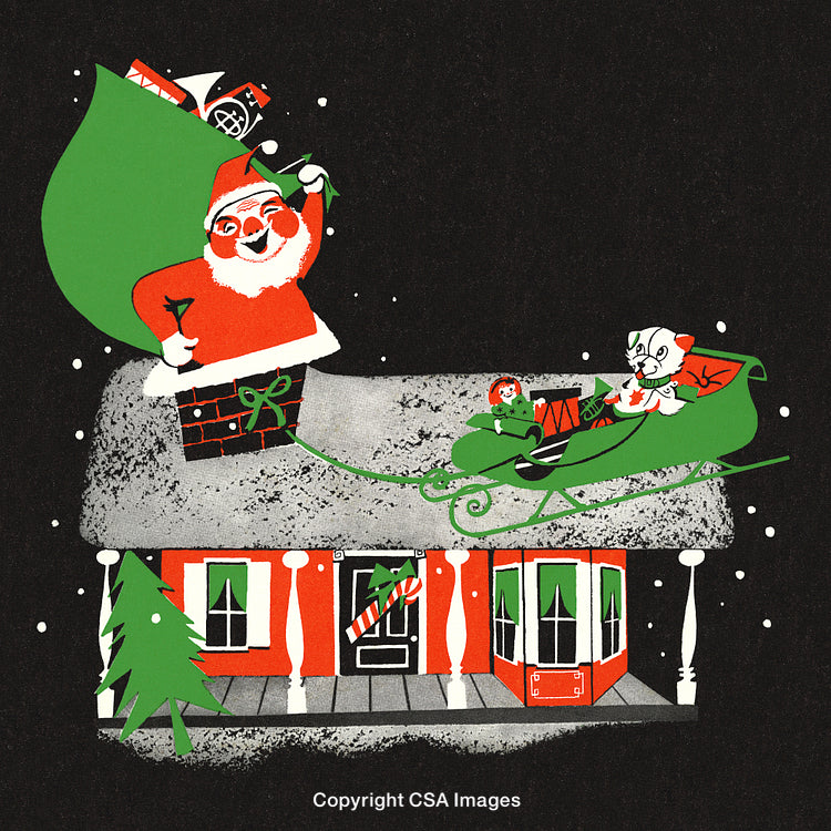 Vintage Christmas Illustration Featuring Santa Claus and Festive House Scene