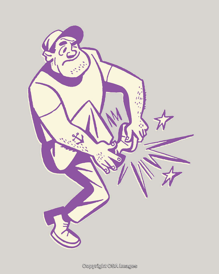 Cartoon Illustration of a Fisherman Smashing Object with Colorful Stars