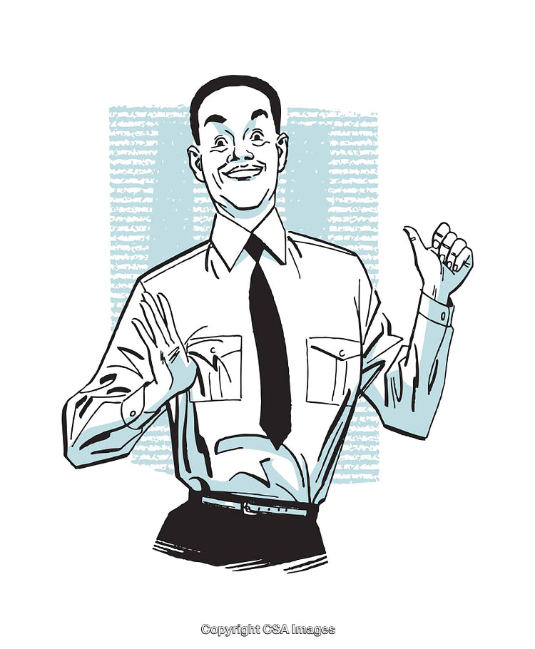 Smiling Man in Cartoon Style with Gesturing Hands and Formal Attire