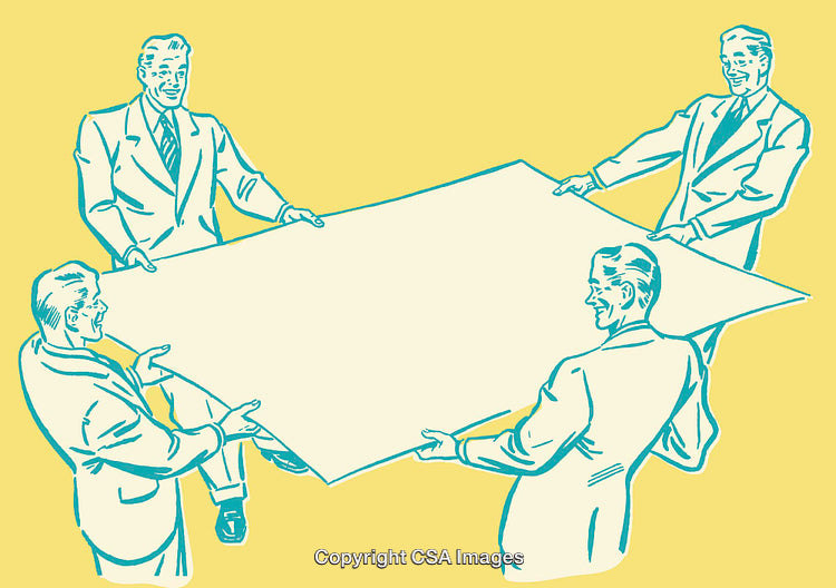 Retro Style Businessmen Holding a Large Blank Document on Yellow Background