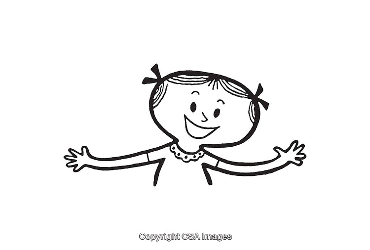 Happy Cartoon Girl with Outstretched Arms in Black and White Line Art