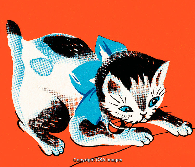 Playful Retro Cartoon Kitten on Vibrant Orange Background