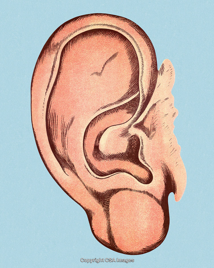 Retro Illustration of a Human Ear on a Light Blue Background