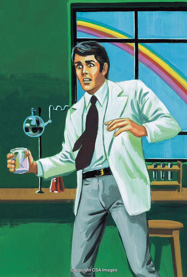 Surprised Scientist in a Laboratory With Chemical Equipment and Rainbow Background