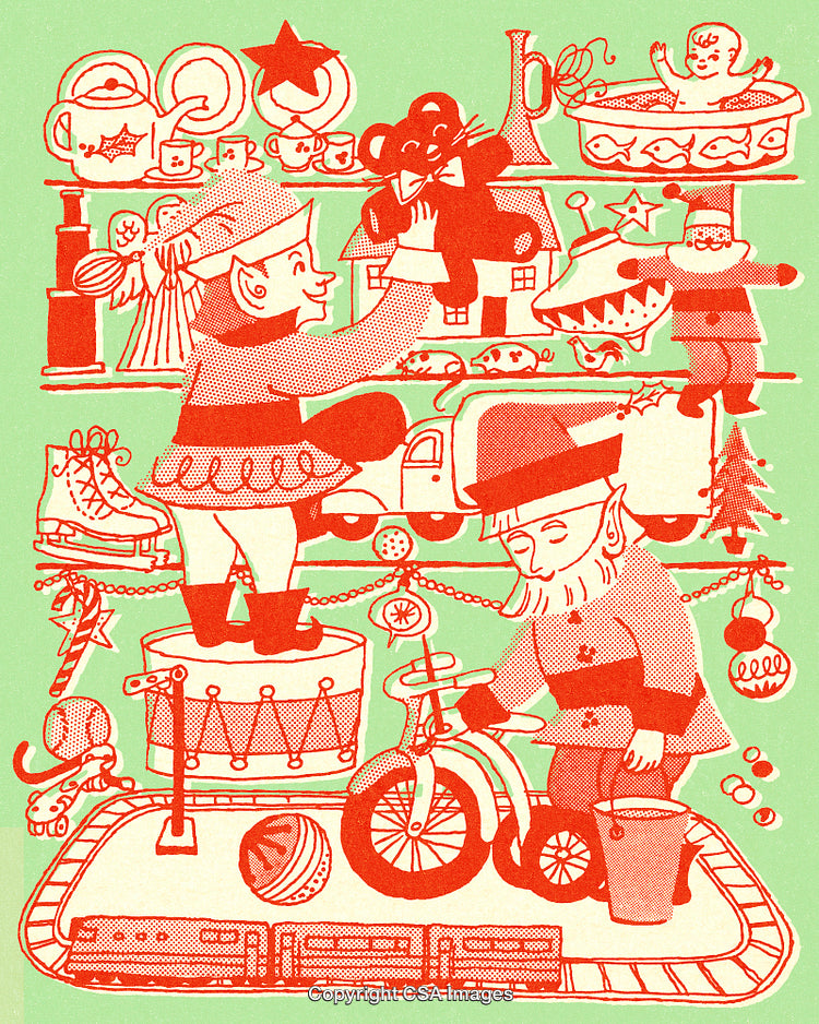 Christmas Elves Preparing Toys in Santa’s Workshop