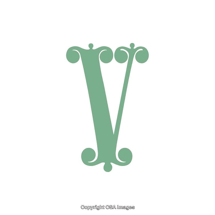 Ornate Green Letter V with Swirled Decorative Accents on White Background
