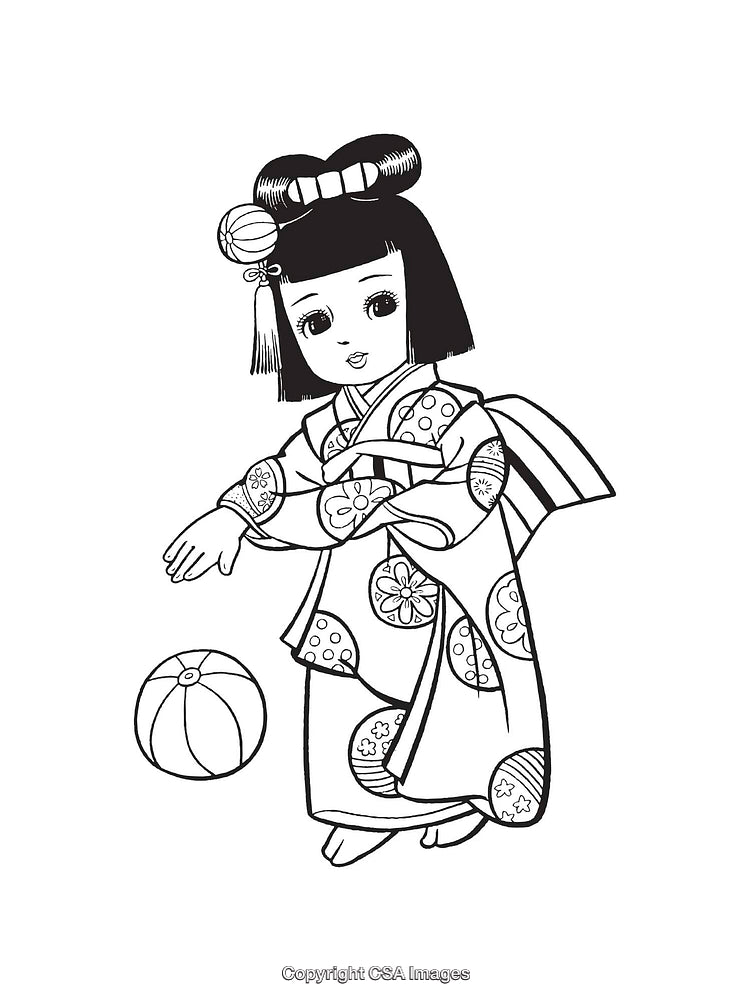 Traditional Line Art of a Girl in Kimono Playing With a Ball