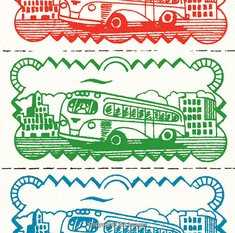 Colorful Vintage Illustration Featuring Buses and Cityscapes with Decorative Elements