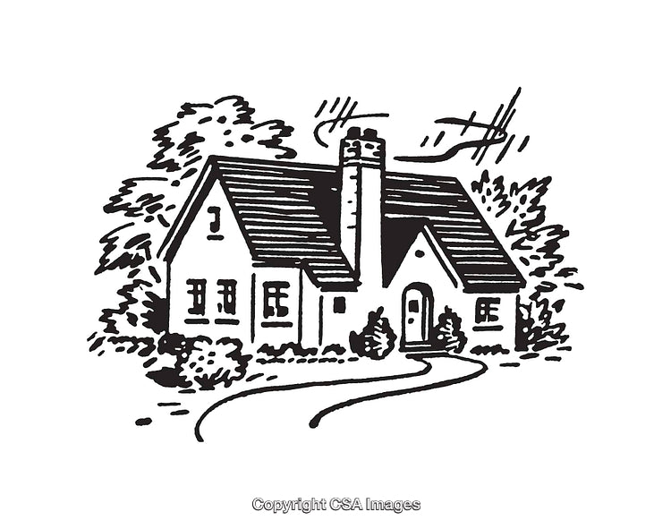 Black And White Cottage Illustration with Detailed Line Art Style