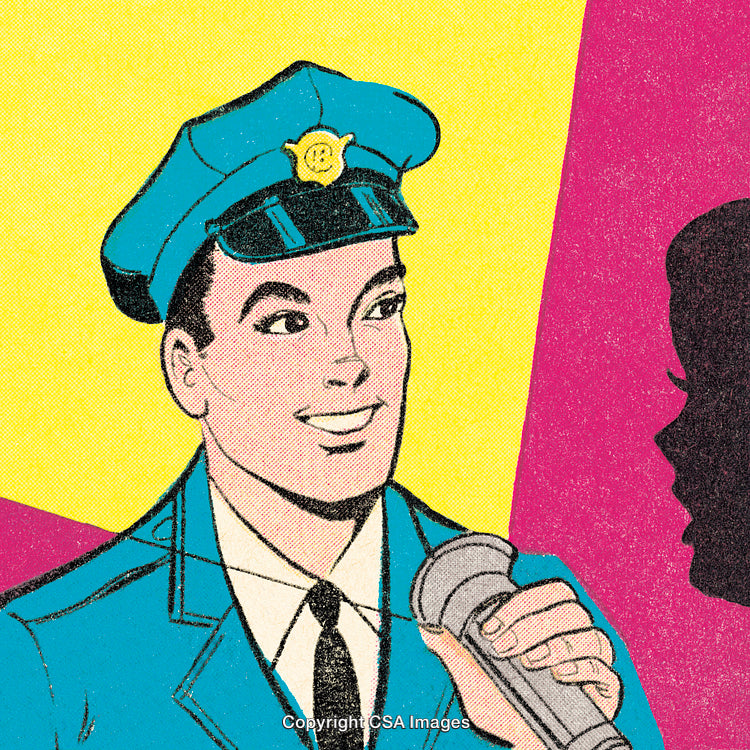Retro Comic Illustration of Policeman Holding a Microphone