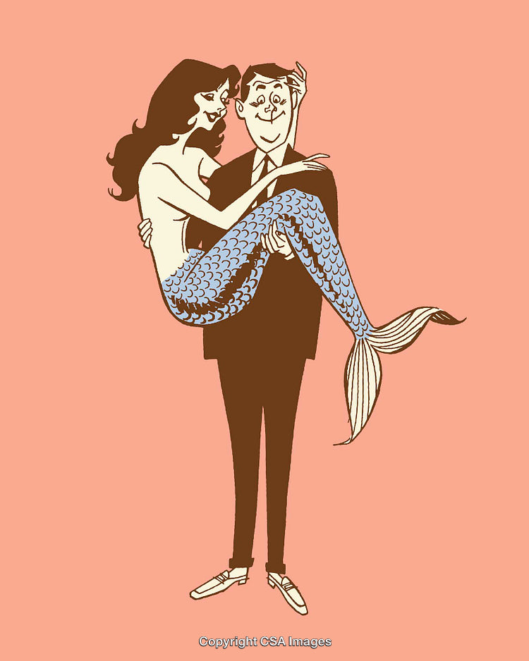 Playful Illustration of a Man Carrying a Mermaid in Retro Style