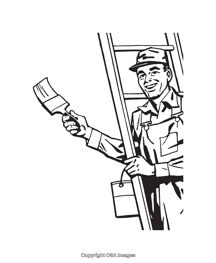 Black and White Illustration of a Painter Holding a Brush on a Ladder