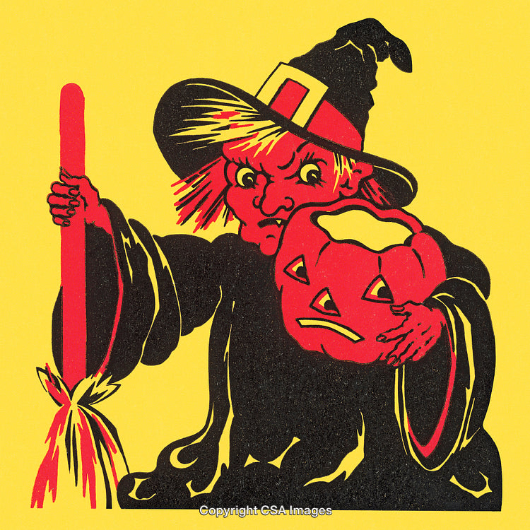 Vintage Styled Illustration of Witch Holding Pumpkin in Halloween Scene