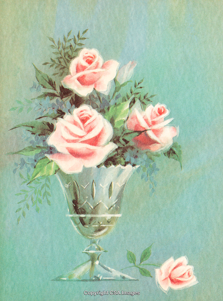 Delicate Pink Roses in a Crystal Vase Against a Soft Green Background