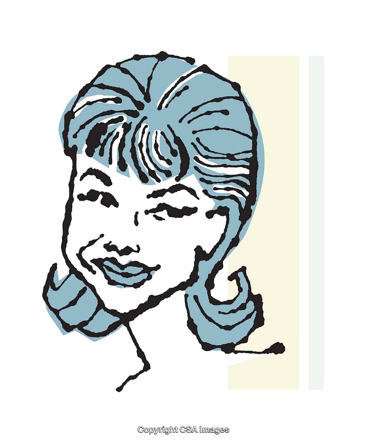 Retro-Style Line Drawing of Smiling Woman with Blue Hair Highlights