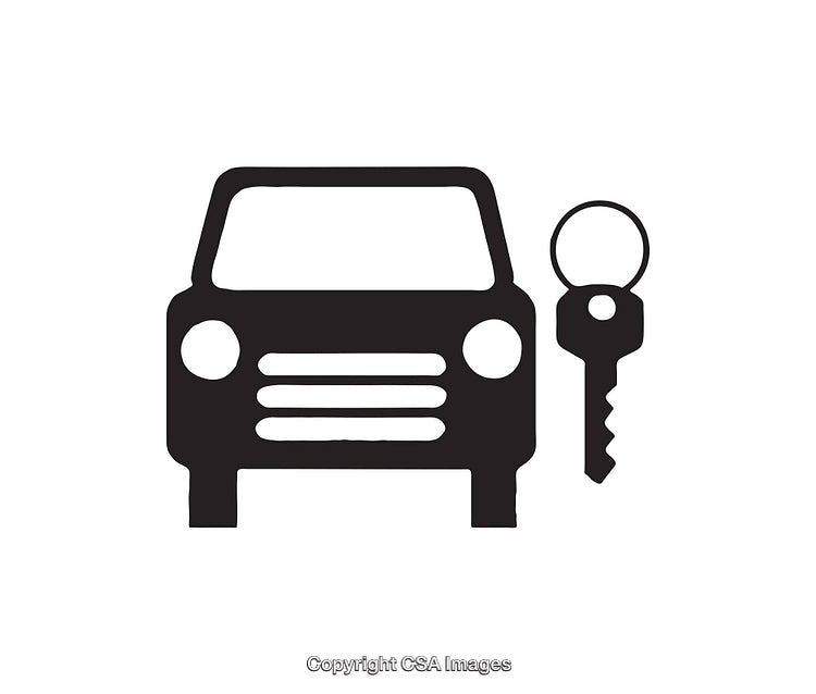 Black and White Icon Depicting a Car with Car Key Symbol