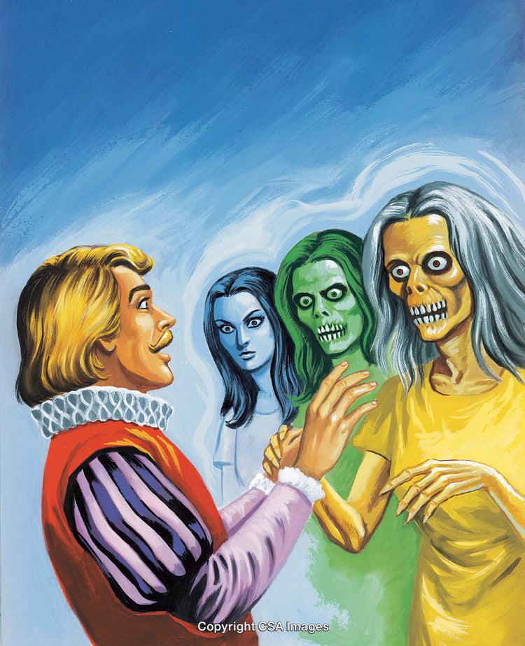 Surreal Portrait of a Man Encountering Fantastical Multicolored Figures