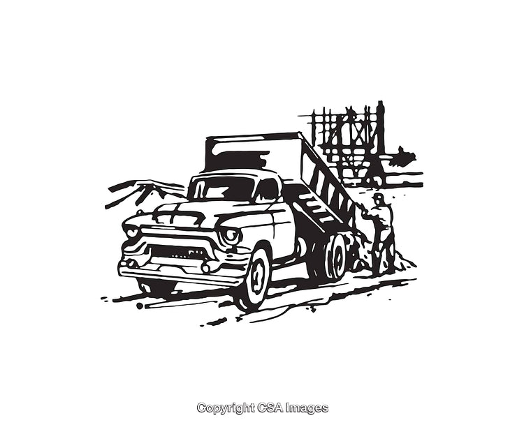 Vintage Line Art of a Dump Truck at a Construction Site