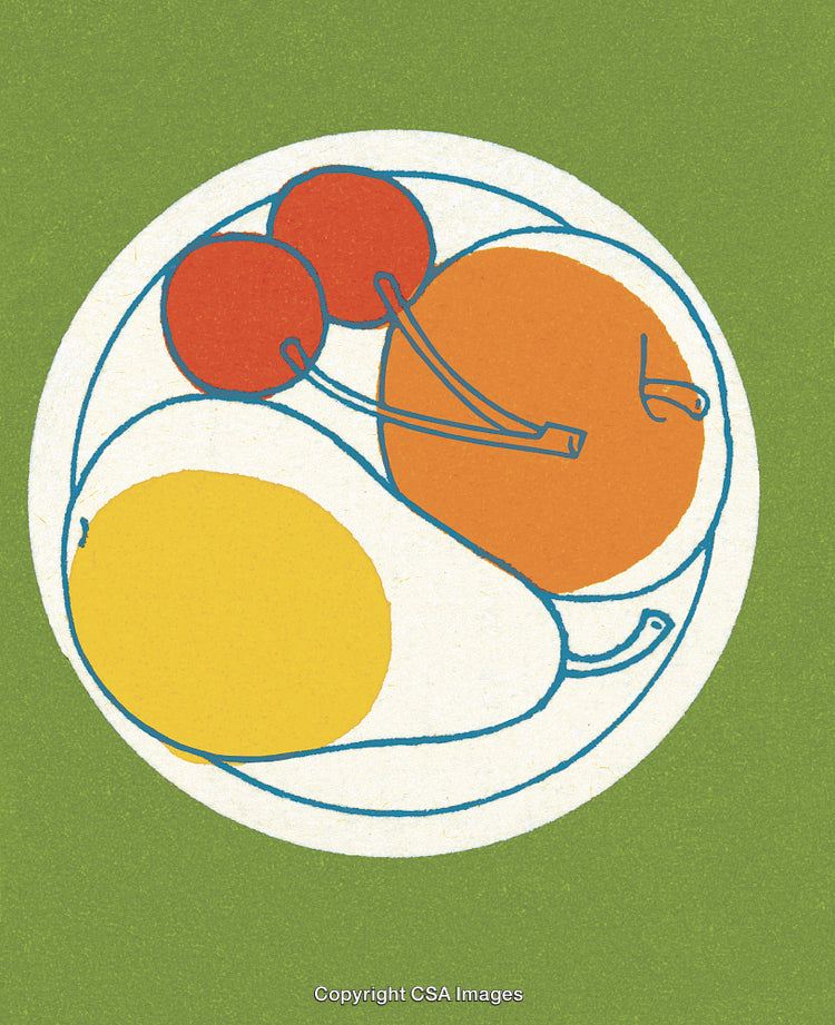 Illustrated Bowl of Fruits on a Green Background
